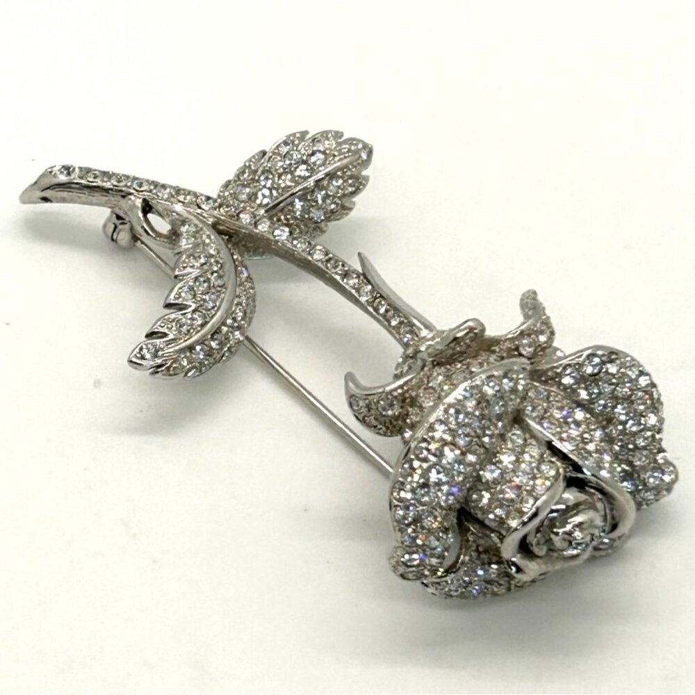 Nolan Miller Anniversary Rose Brooch Pin Pave Rhinestone Silver Tone Vintage - Picture 3 of 16